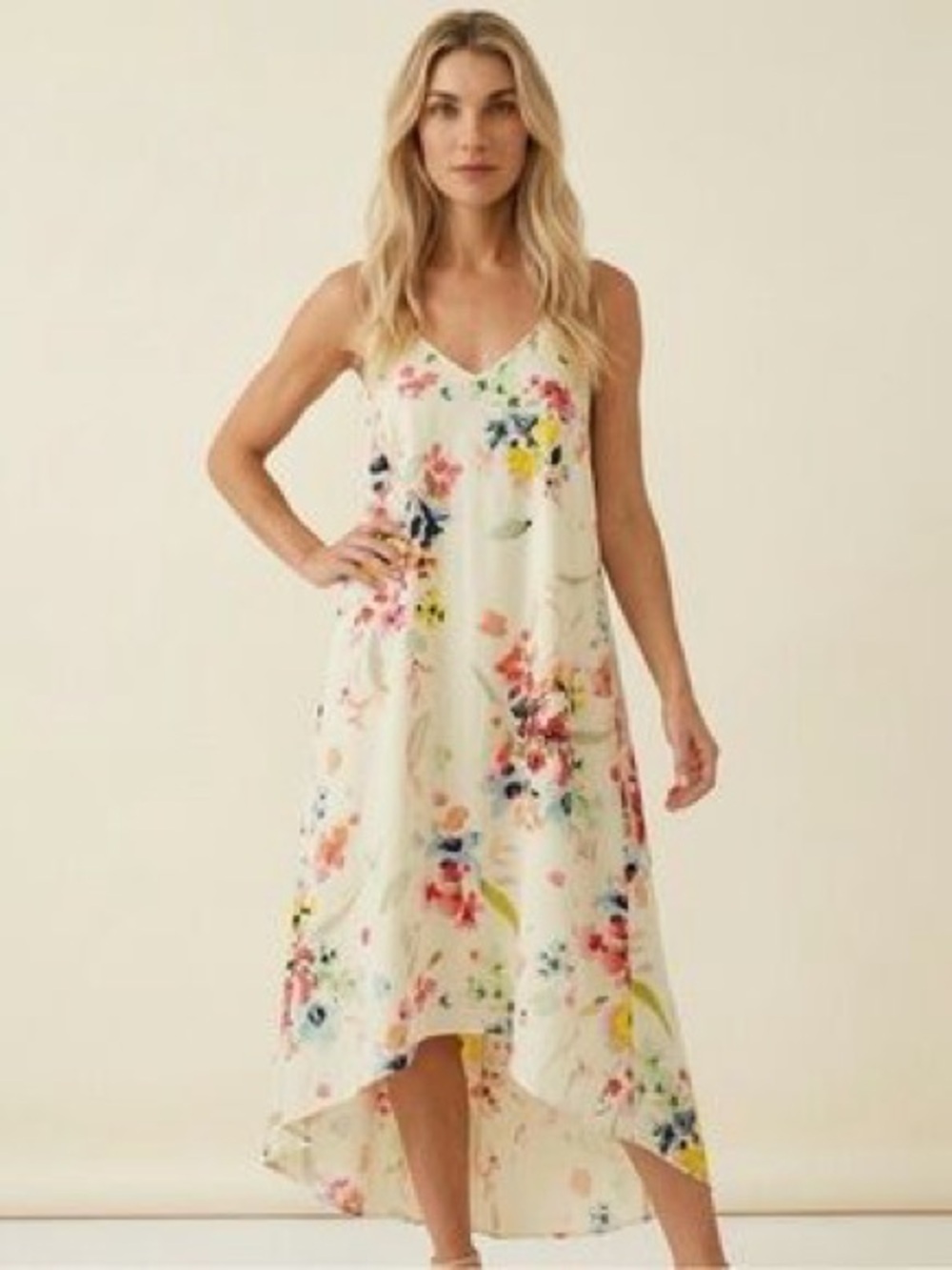 H&M Butter Yellow Cream Floral Asymmetrical V‑Neck Maxi Dress